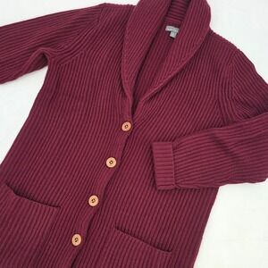LL BEAN SIGNATURE CARDIGAN 100% WOOL WOMENS MEDIUM BURGUNDY BUTTON UP POCKETS